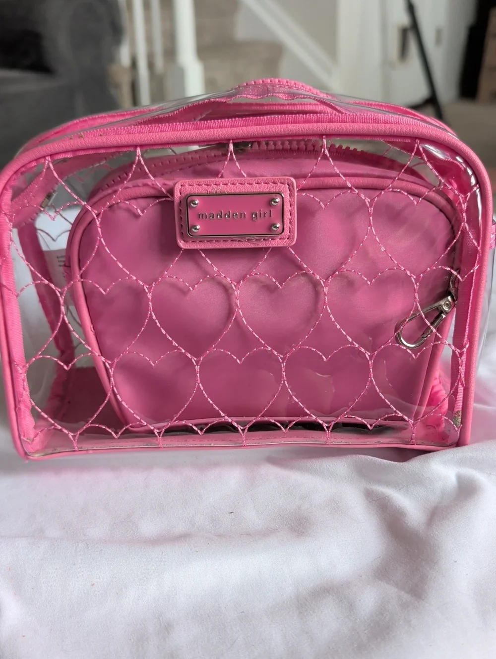 Madden Girl Hot Pink Quilted Heart Clear Cosmetic Pouch Set